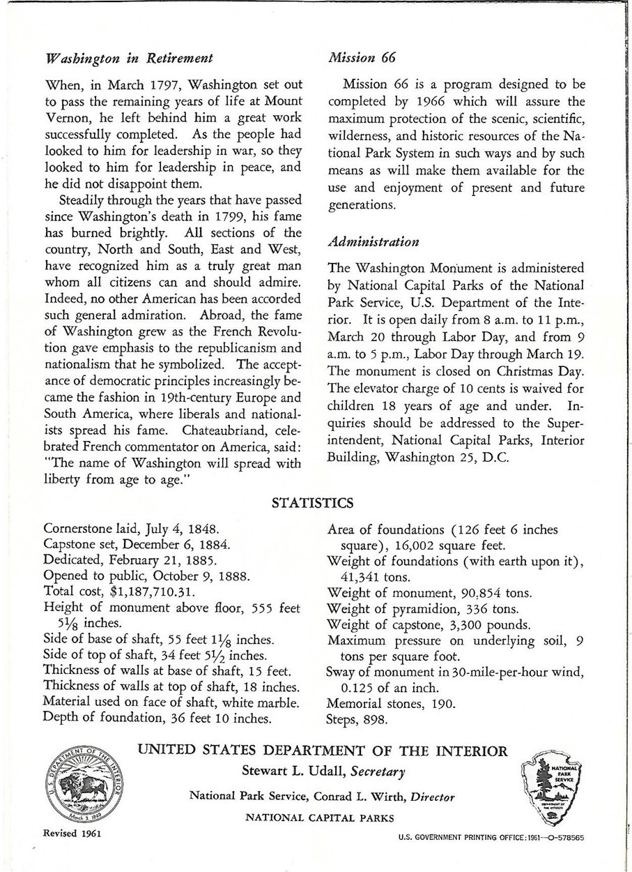 1961 WASHINGTON MONUMENT National Park Service Brochure Construction History