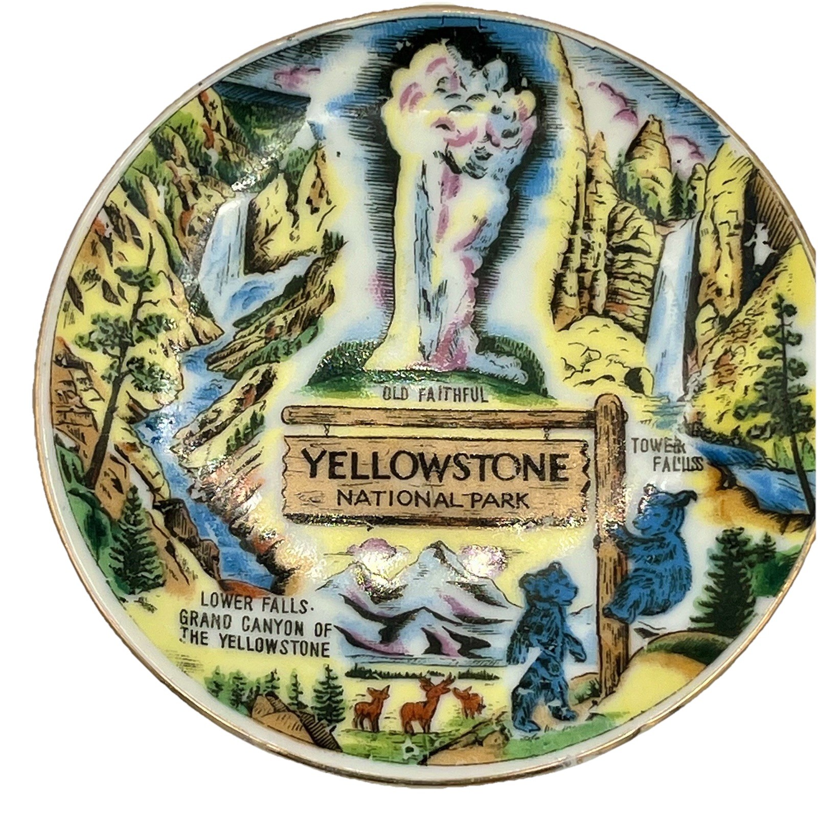 1940s YELLOWSTONE National PARK Souvenir 3.5″ Plate Made JAPAN Old Faithful-Bear