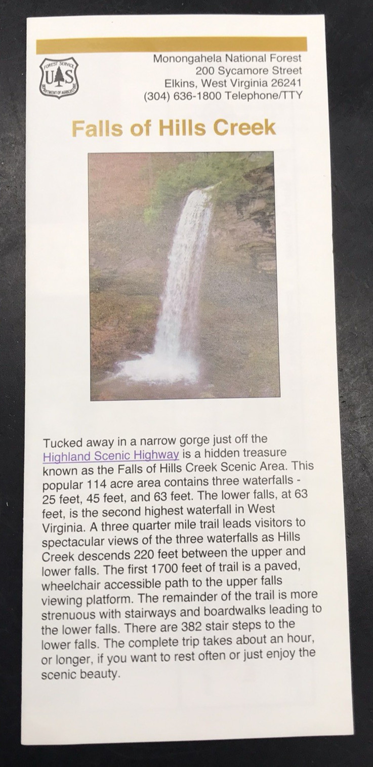 2006 MONONGAHELA National Falls of Hills Creek Map & Brochure US Forest Service