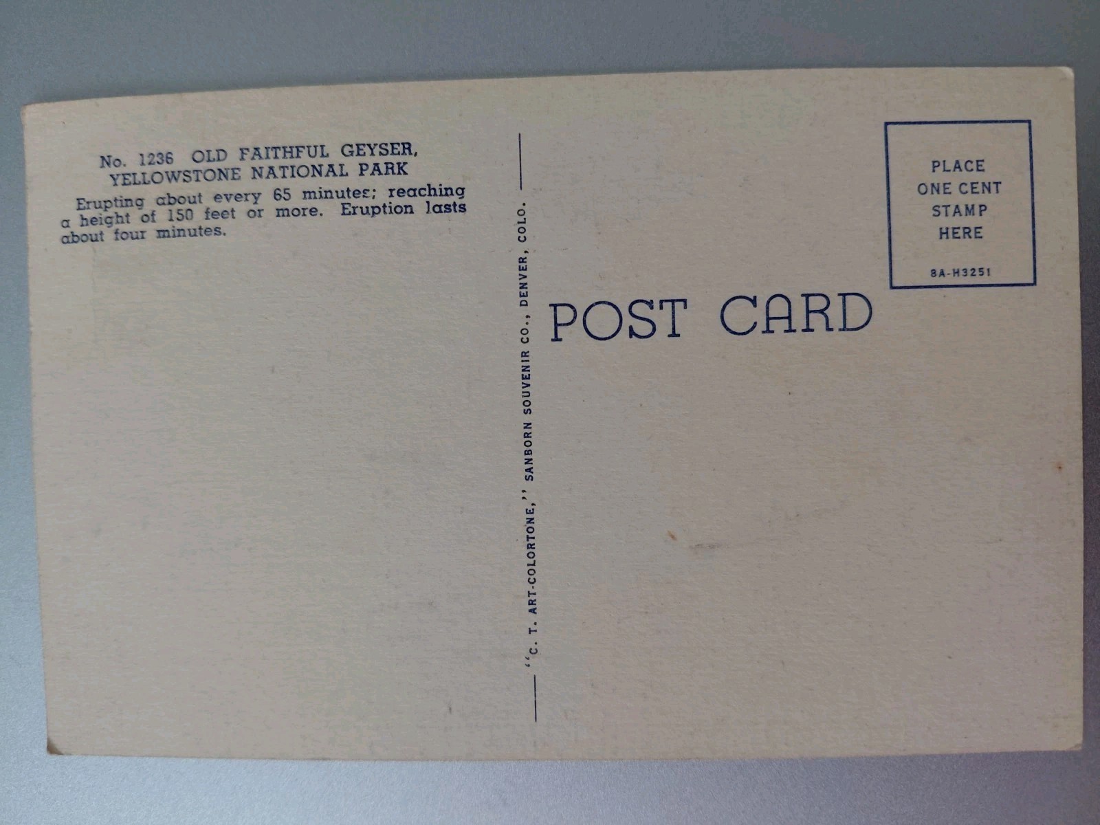 Vintage Old Faithful Geyser Yellowstone National Park Lithograph Postcard # 1236