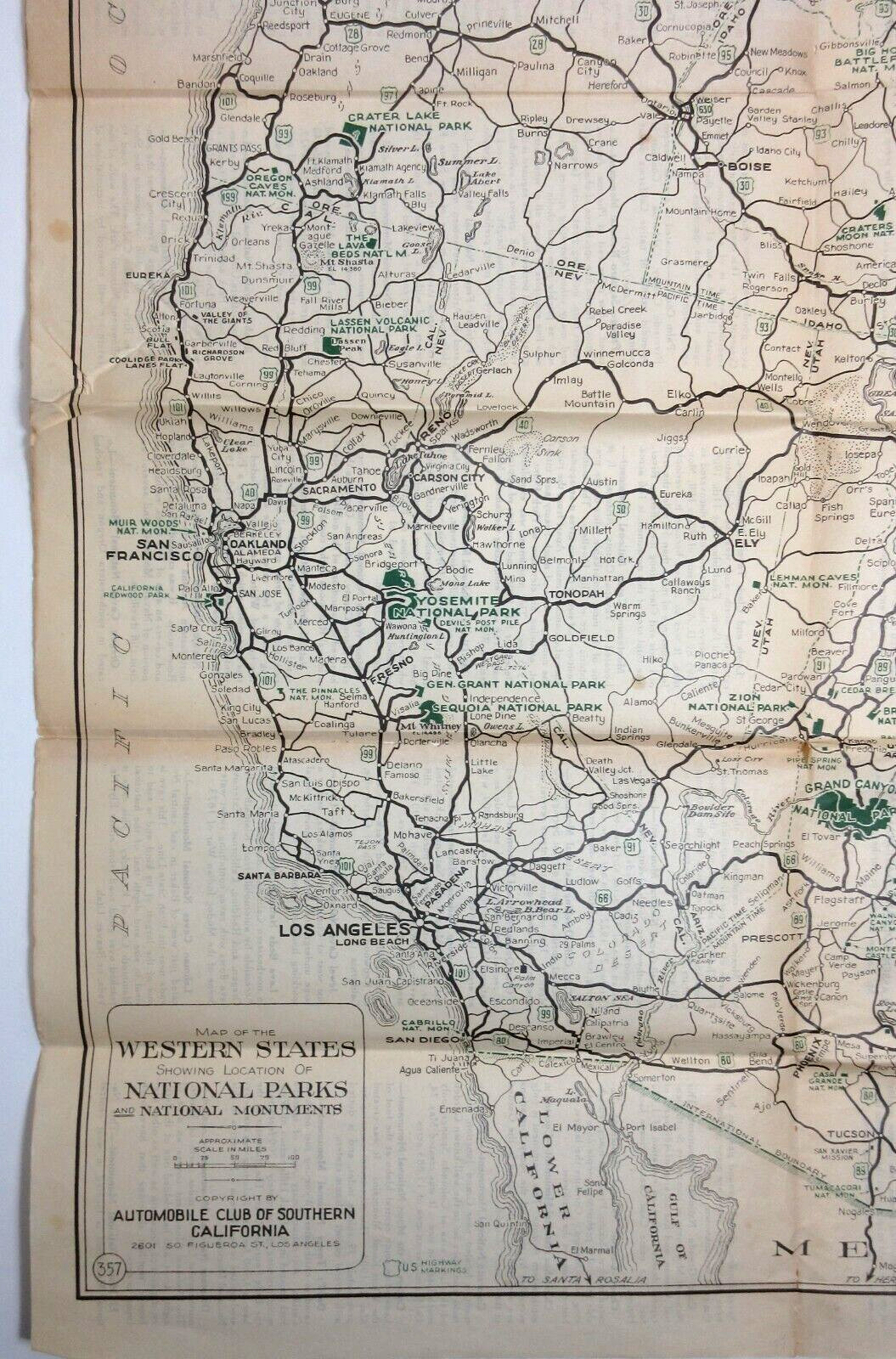 Vintage Yosemite Yellowstone Grand Canyon Map So Cal Auto Club Los Angeles 1930s