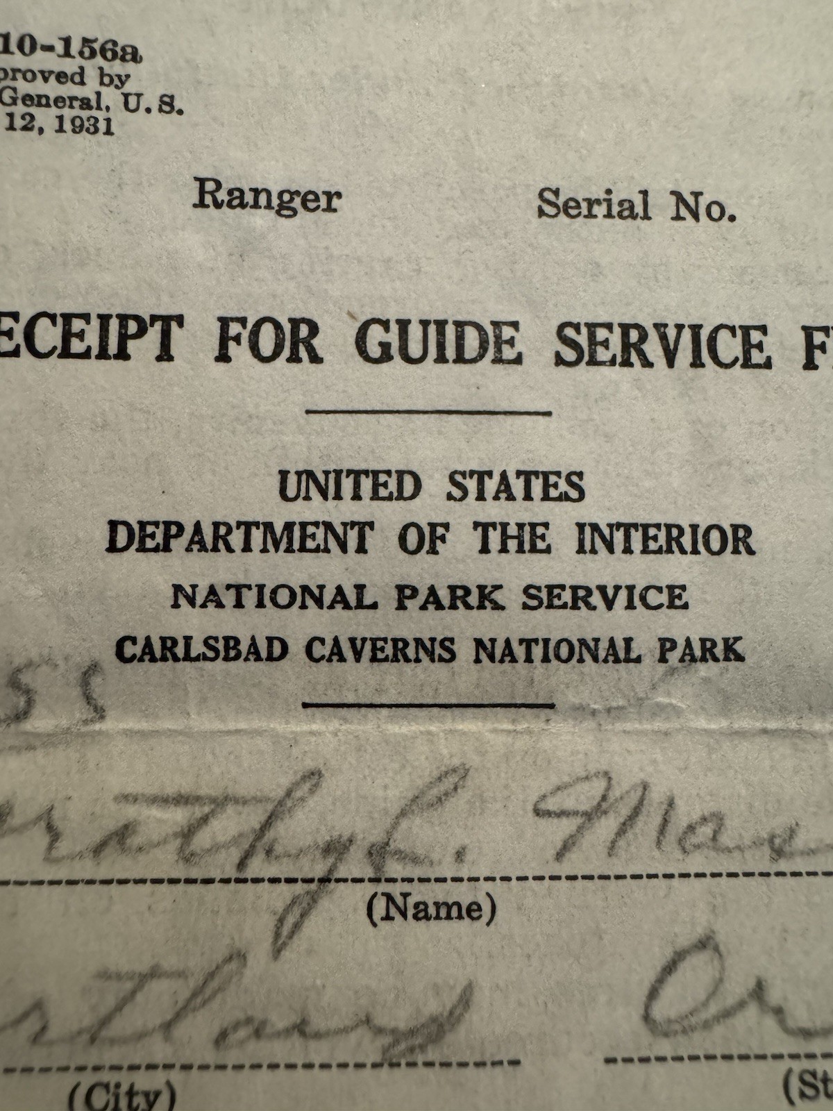 Antique 1931 Receipt US National Park Services, Carlsbad Caverns New Mexico