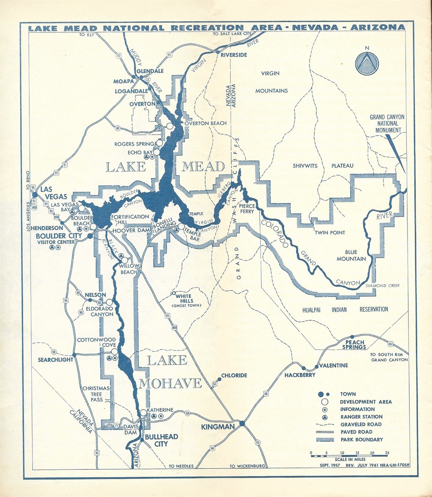 1961 Road Map LAKE MEAD MOHAVE National Recreation Area Arizona Nevada Route 66