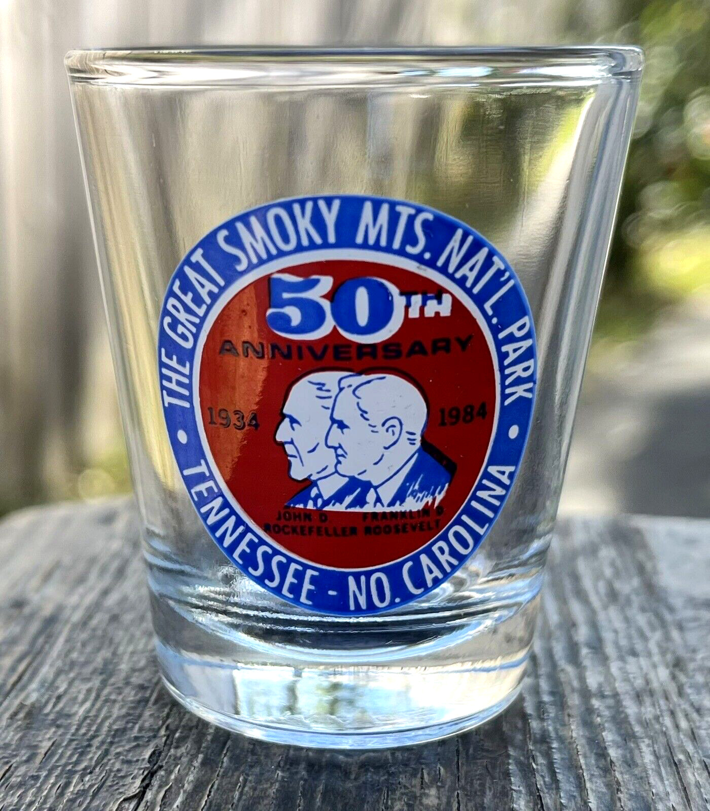 Great Smoky Mountains Nat’l Park 50th Anniversary Shot Glass Vintage 1984 NC TN