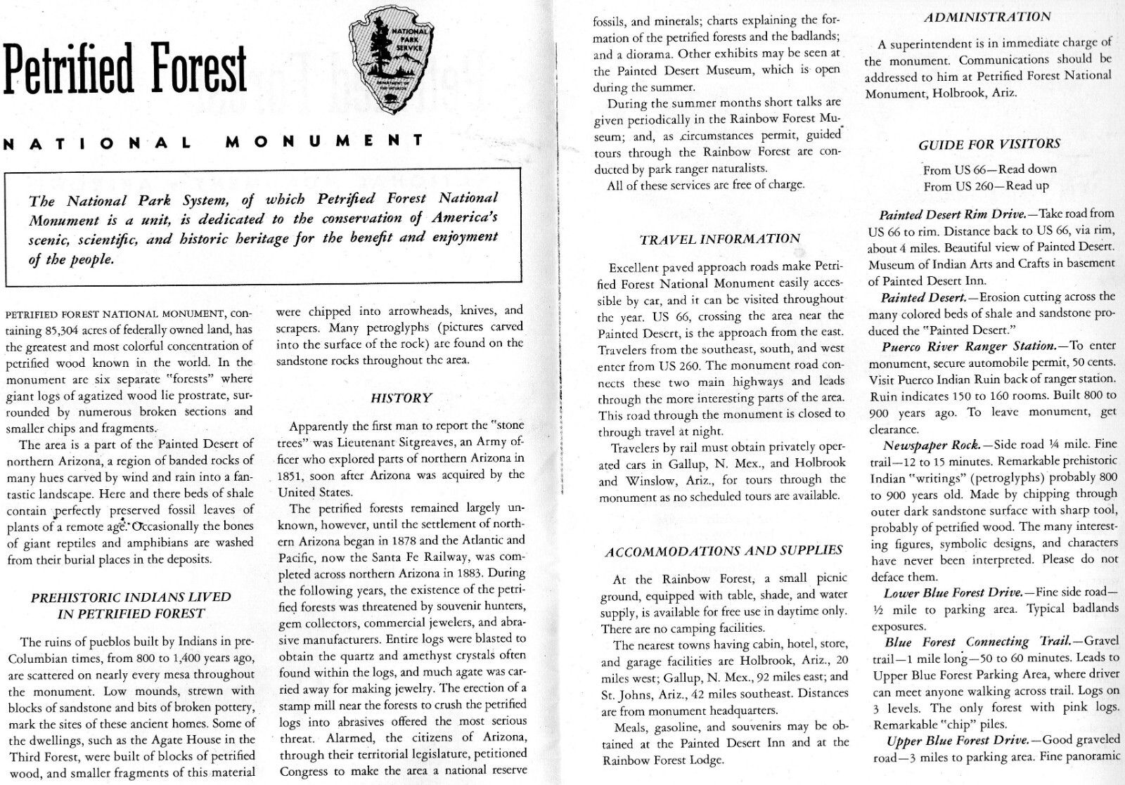 c1955 Petrified Forest National Monument AZ Dept. of Interior Folder Map