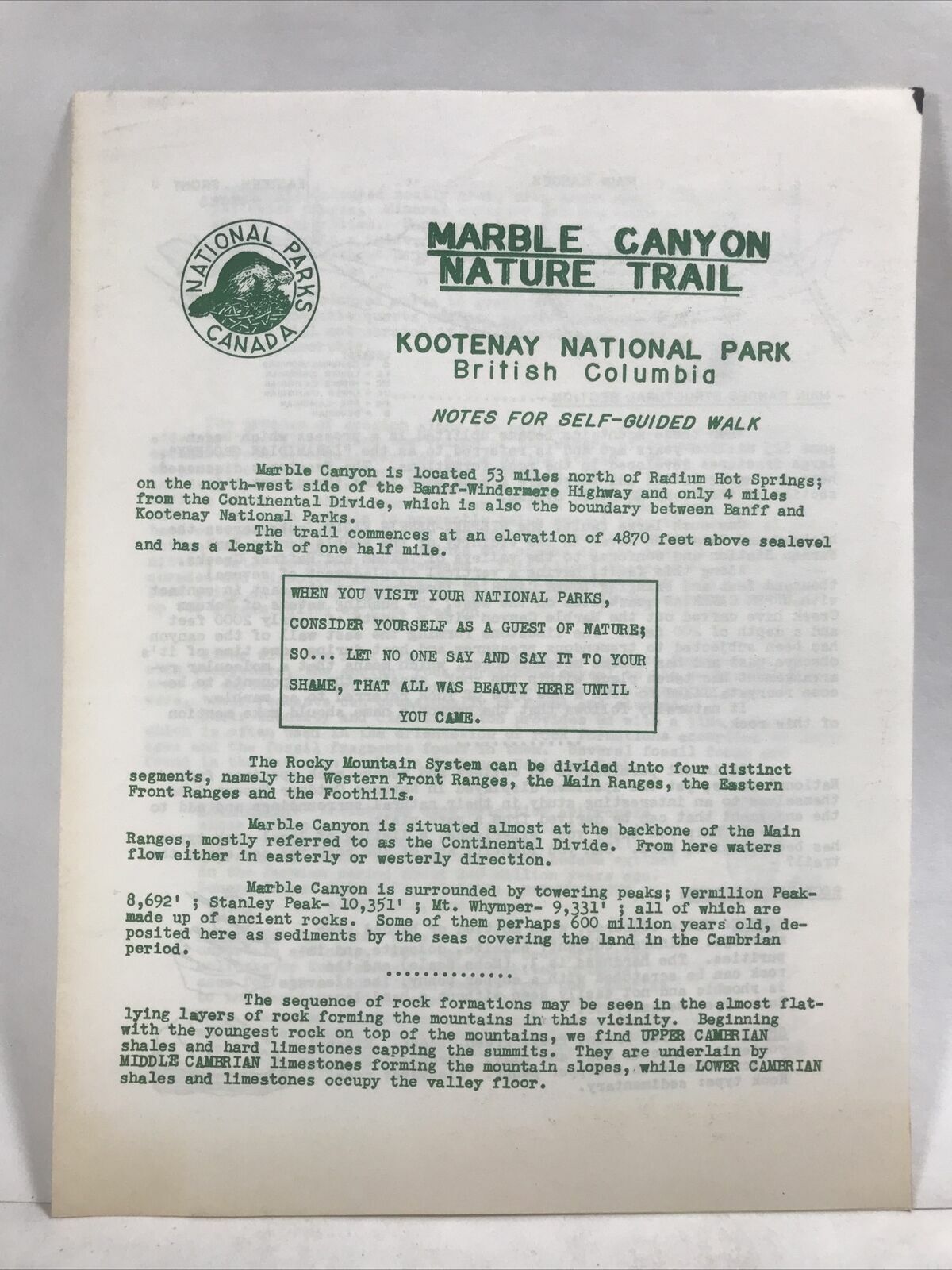 1955 MARBLE CANYON NATURE TRAIL KOOTENAY NATIONAL PARK British Columbia Canada