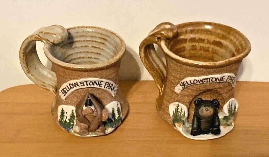 2 Yellowstone Park Souvenir Cups with Clay Ceramic Animal Figures