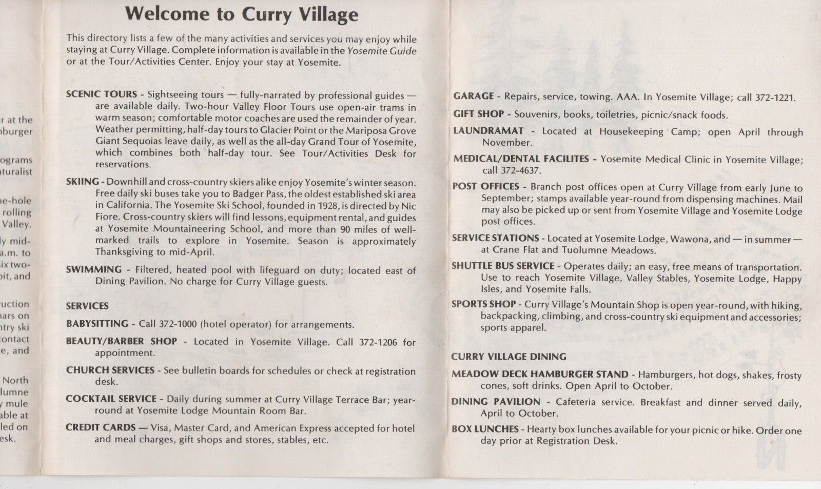 Vintage Curry Village Yosemite National Park Brochure with Fold Out Map