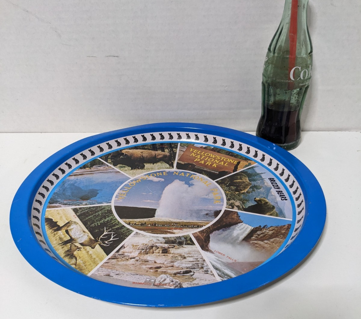 Yellowstone National Park Souvenir Tray Litho Metal 12.5″ Diameter Vintage