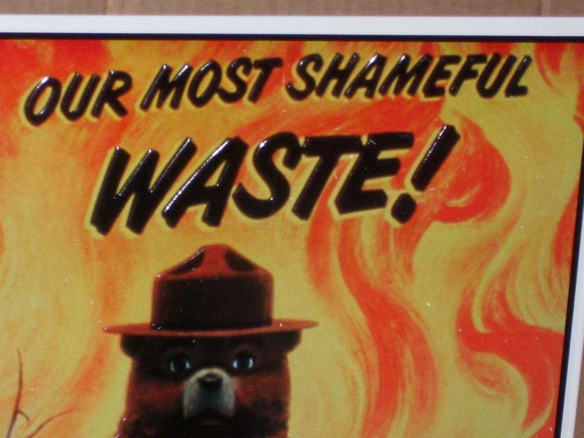 SMOKEY THE BEAR — Saving Deer From FOREST FIRE — Embossed Tin Metal Sign -NICE