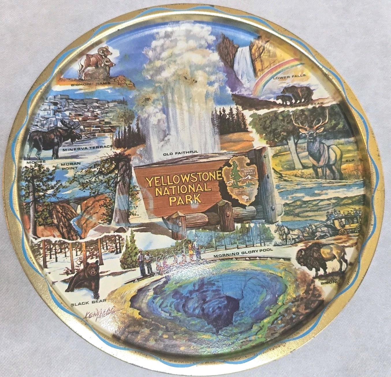 Vintage Yellowstone National Park Souvenir Tin Tray Scenic Landmarks & Animals