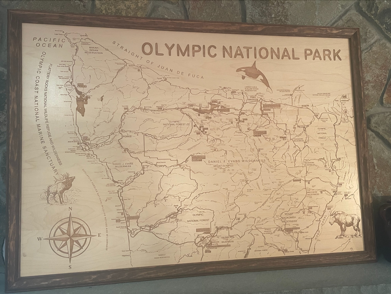 Olympic National Park Wooden Engraved 22″x32″ Framed Map