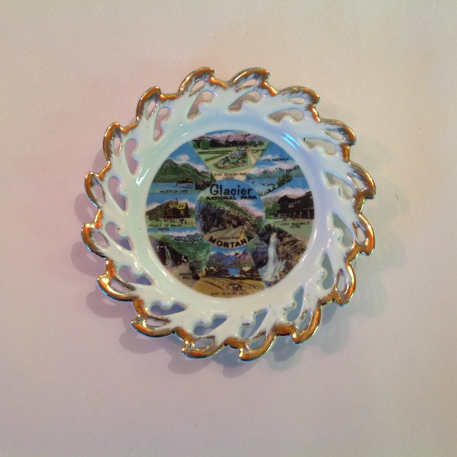 Vtg Souvenir Porcelain Tray Glacier Mountain National Park Scenes Lakes Hotels
