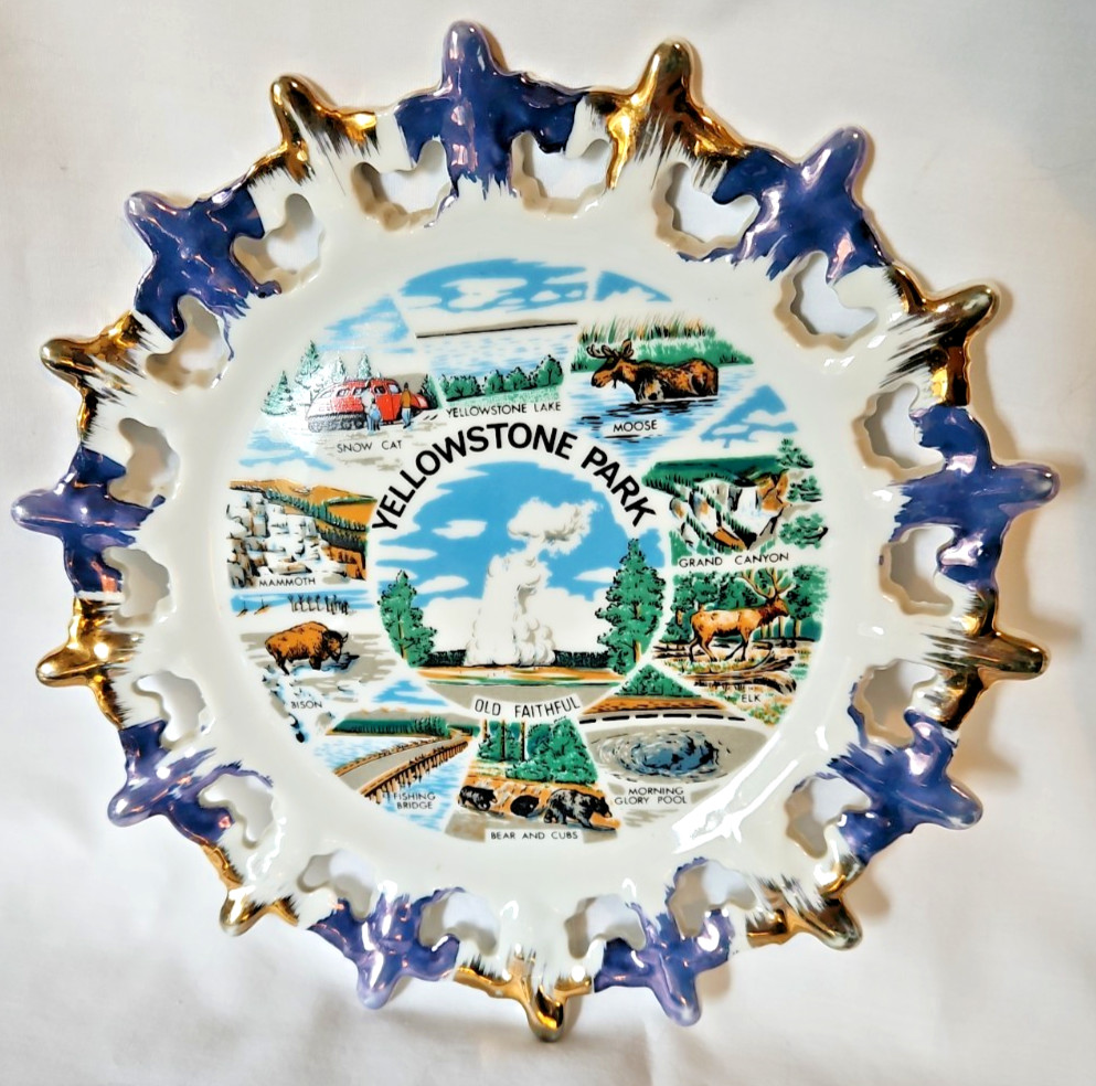 Vtg 60s Yellowstone Park Souvenir Plate Made in Japan Western Old Faithful 8.5″