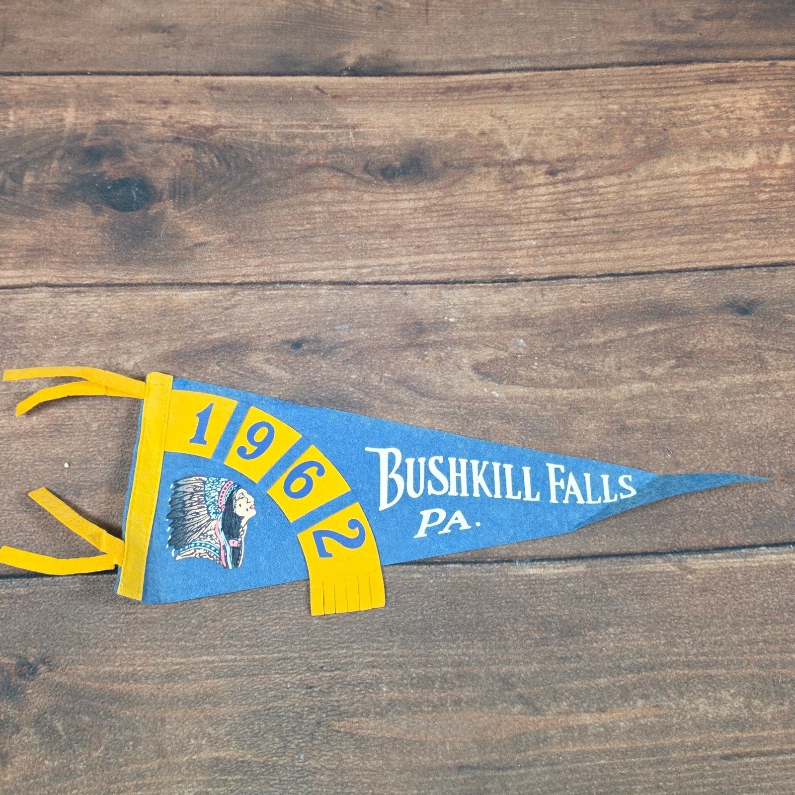 Vintage Bushkill Falls PA Felt Pennant 1962 Souvenir Blue Yellow 17″ Good Fringe