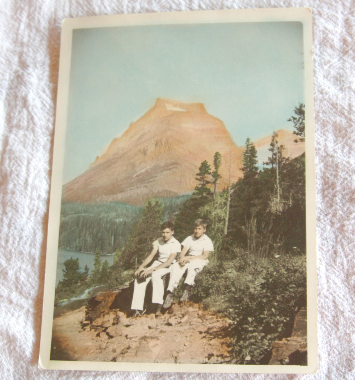 Vintage antique photo photograph 5×7 Glacier National Park hand tinted 1933 boys
