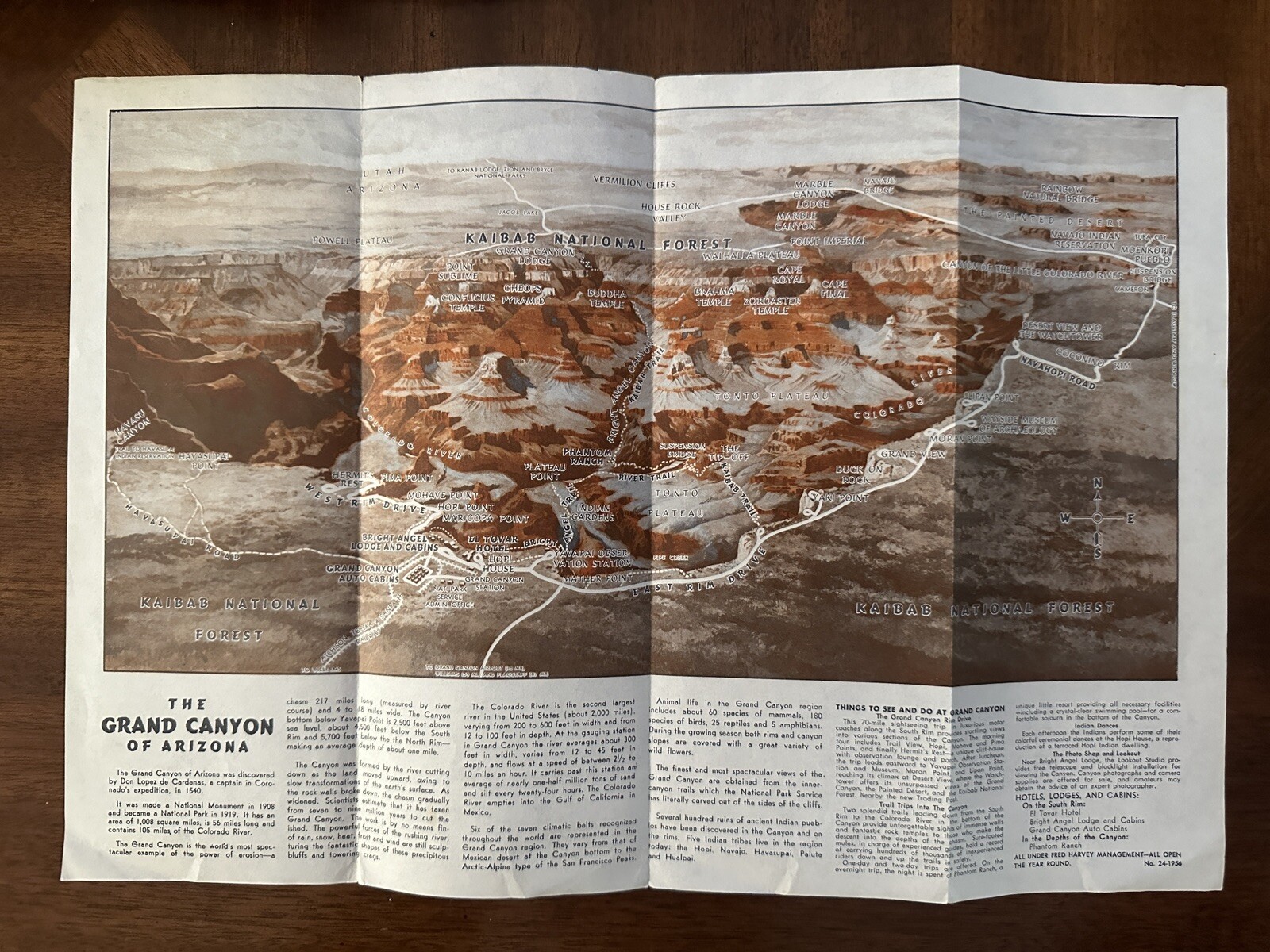 Grand Canyon National Park of Arizona 1956 Map Brochure From Fred Harvey Hotel