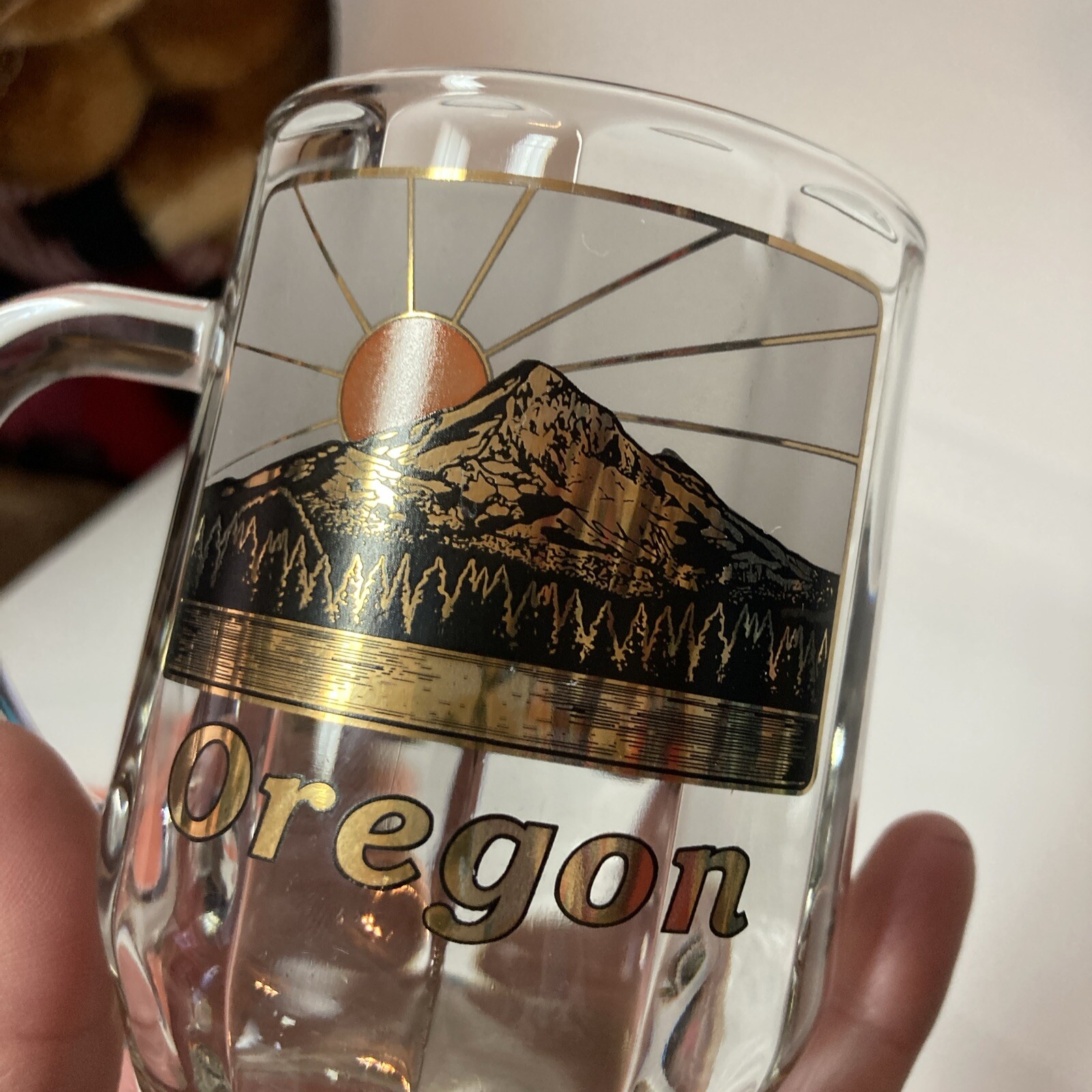 Oregon Coffee Mug Souvenir Glass 22K Gold Black Orange Mt. McLaughlin Sunset USA