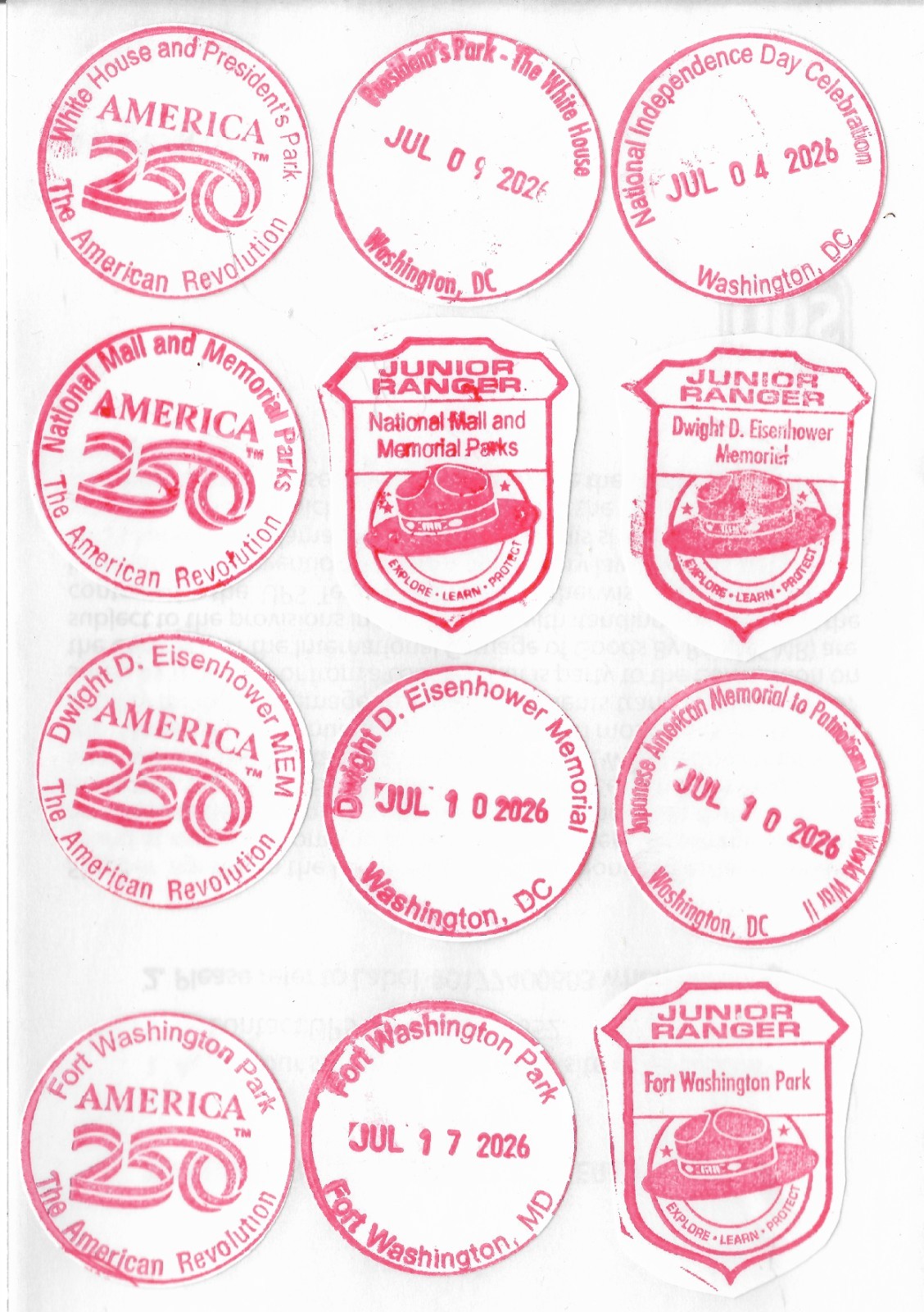 Washington DC Full Set America 250 NATIONAL PARK SERVICE PASSPORT STAMP Lot