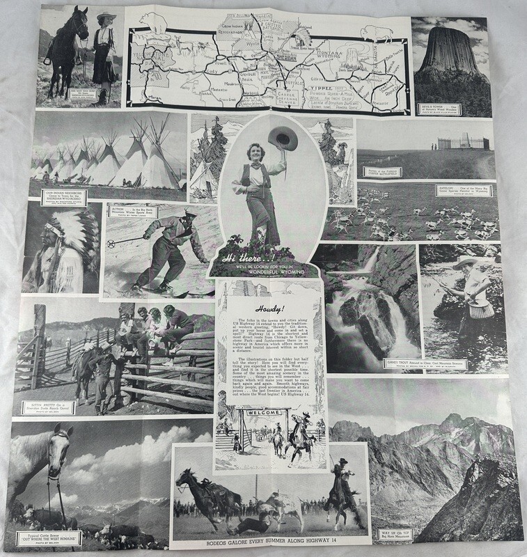 Antique Map Brochure US 14 Wyoming Yellowstone National Park Cowgirl Horse