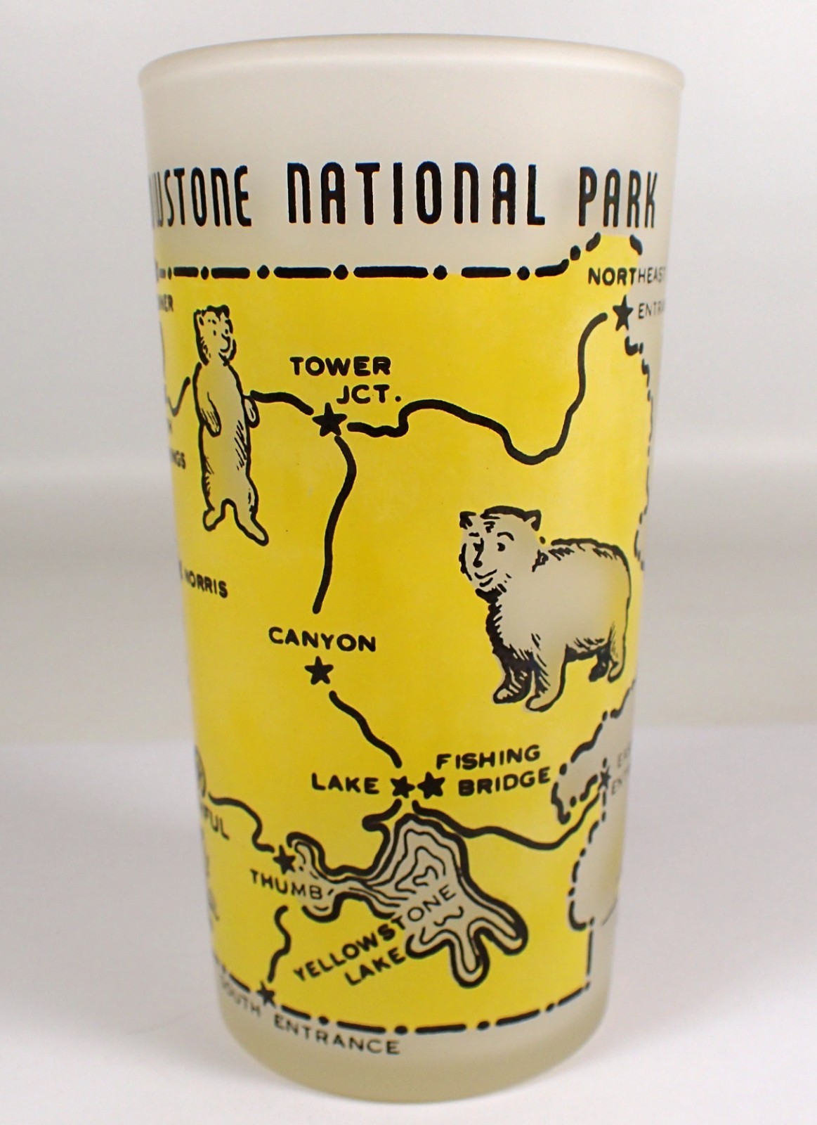 MINT Vtg Hazel Atlas Yellowstone National Park Map OLD FAITHFUL Frosted 5″ Glass