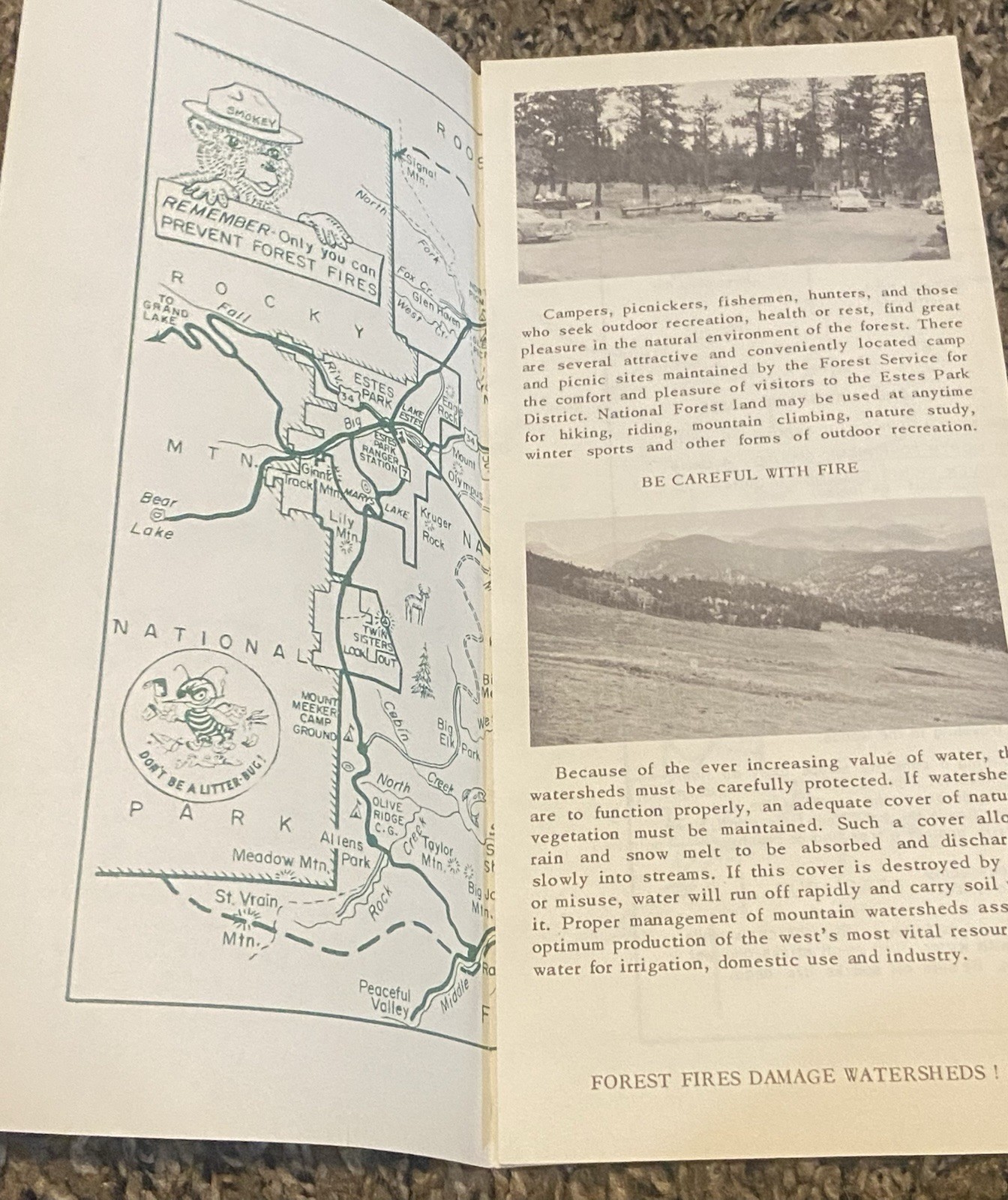 Vtg USDA Estes Park Roosevelt National Forest Brochure Map Smokey Bear Colorado