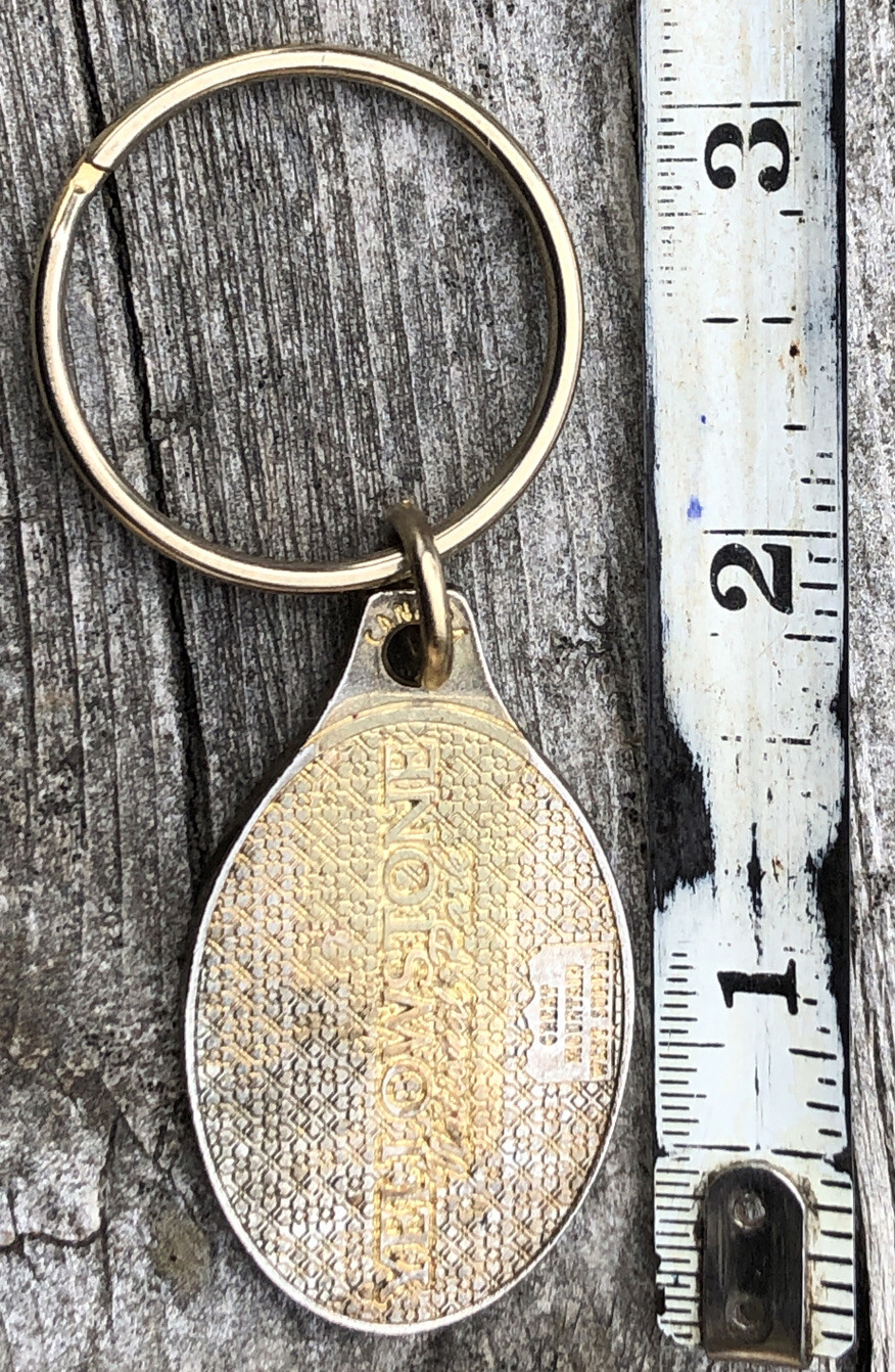 Vintage Yellowstone Brass Keychain ‘The Grand Old Park’ Geyser Old Faithful Bear