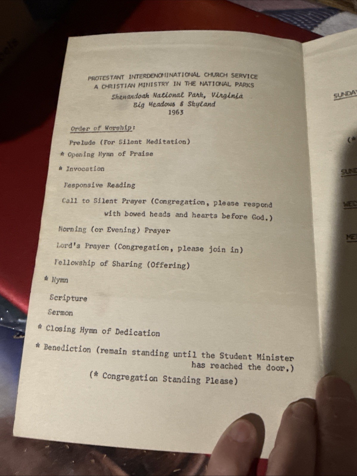 Shenandoah National Park VA 1963 Church Service Pamphlet