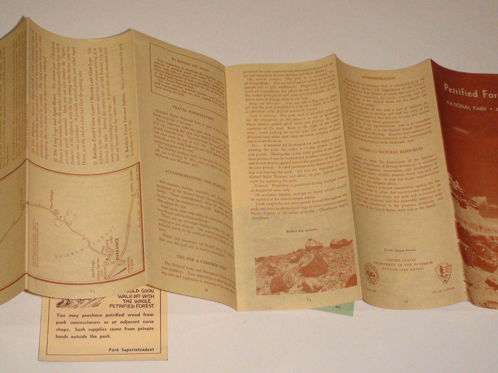 1963 Petrified Forest National Park Arizona Brochure w/ stamped 15 day permit