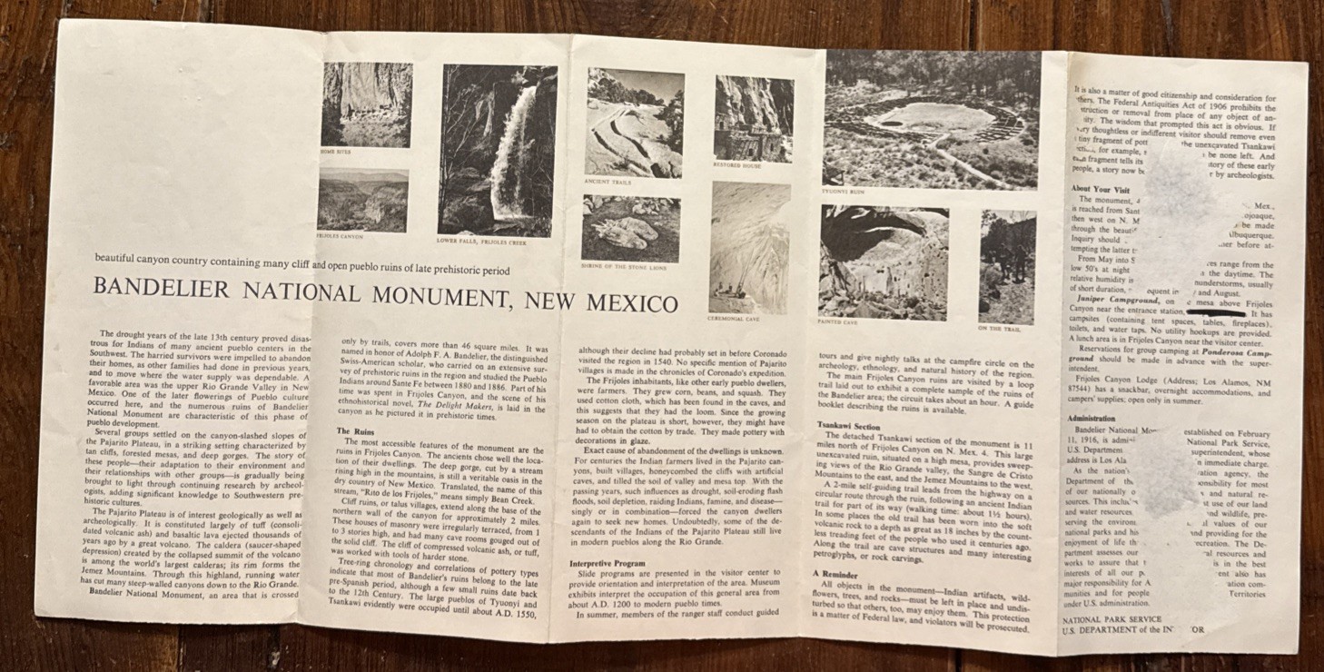 1975 Bandelier National Monument Park Brochure Map NPS New Mexico