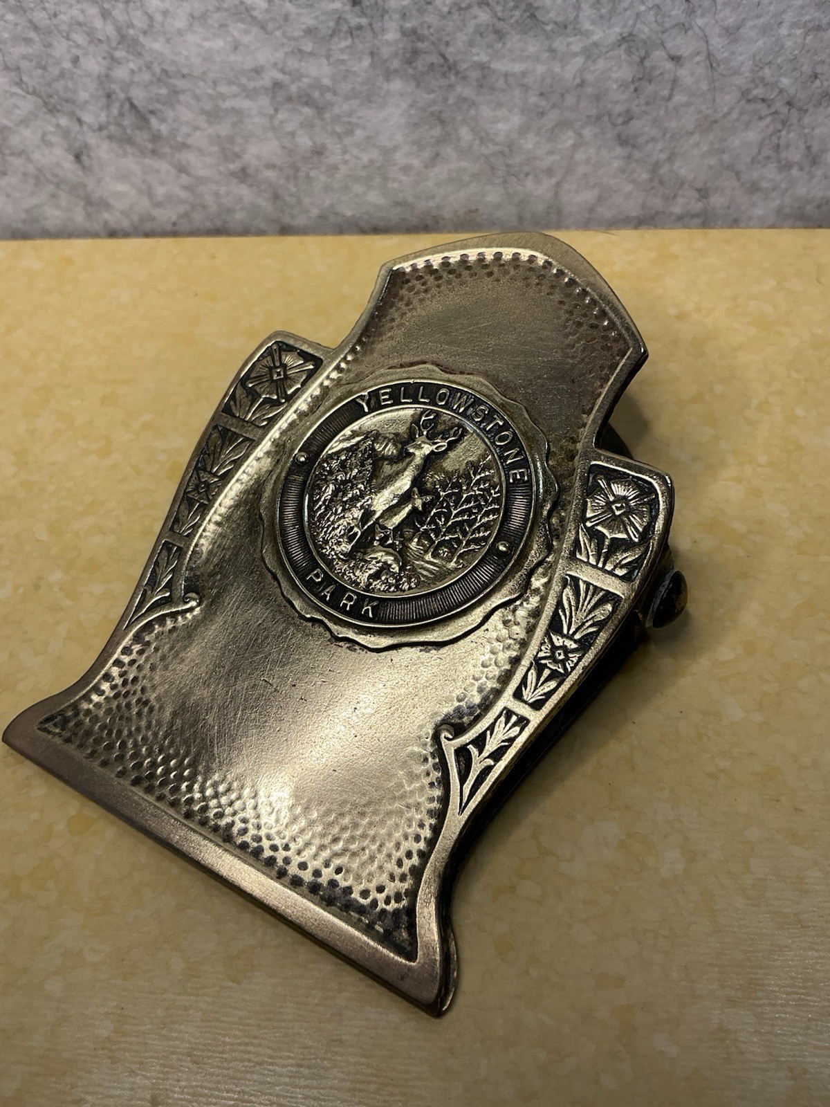 Antique Brass Yellowstone Park Souvenir Desk Binder Clip Art Nouveau Robbins Co.