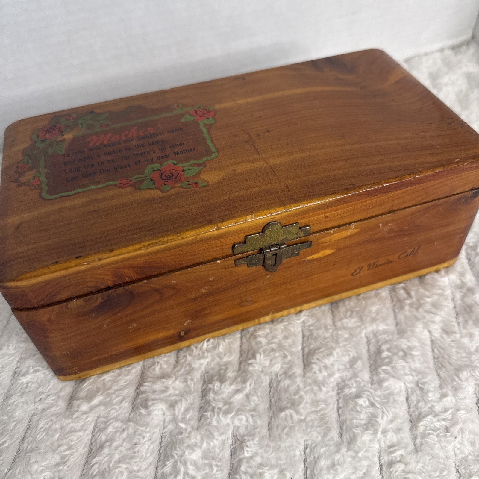 Vintage El Monte California Cedar Wood Chest Souvenir Mother Rose Treasure Box