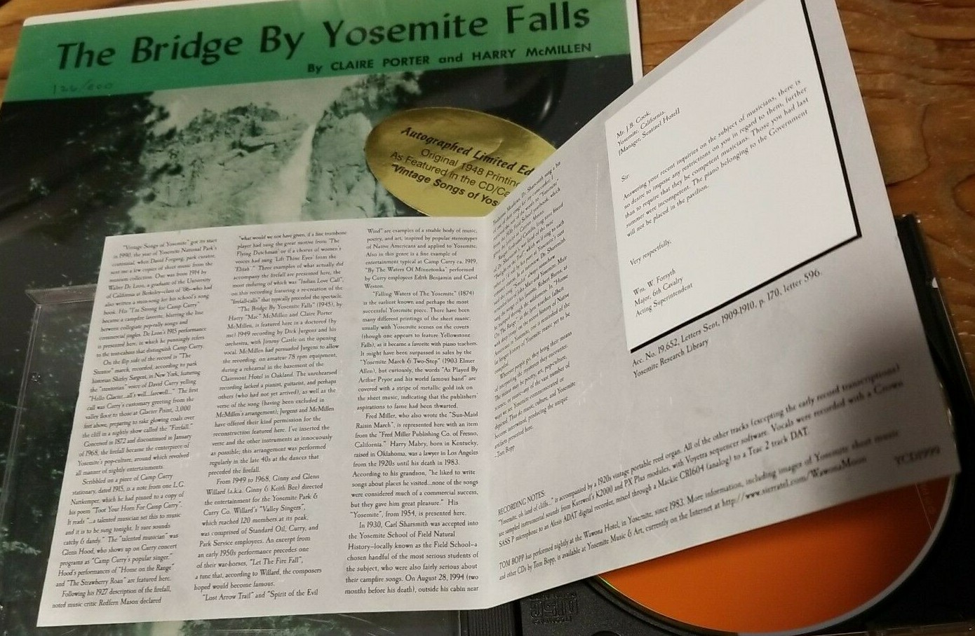The Bridge By Yosemite Falls Autographed SHEET MUSIC and Tom Bopp CD