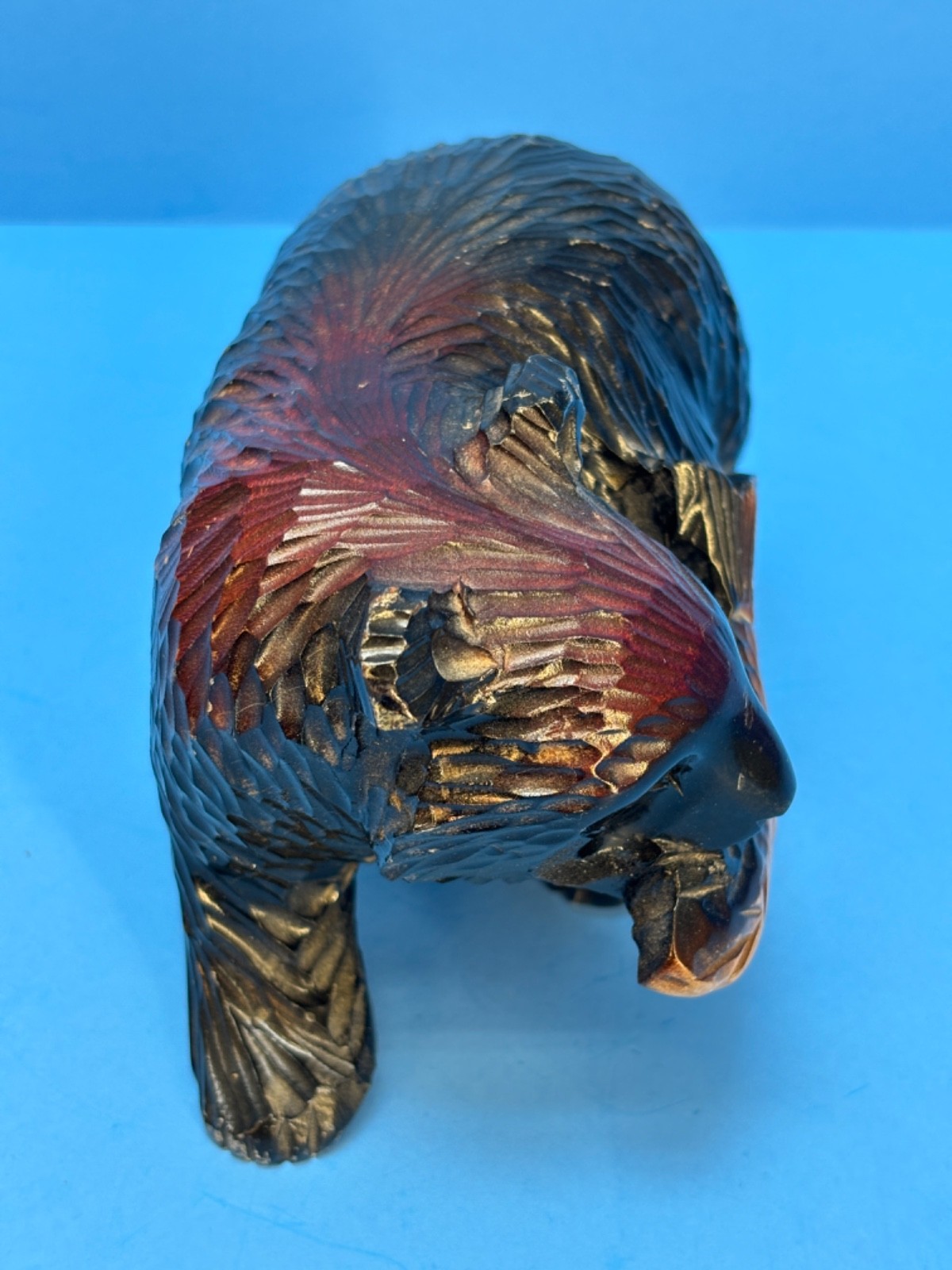 VTG Hokkaido Japan Kibori-Kuma Carved Bear w/Salmon ~ Yellowstone Park Souvenir