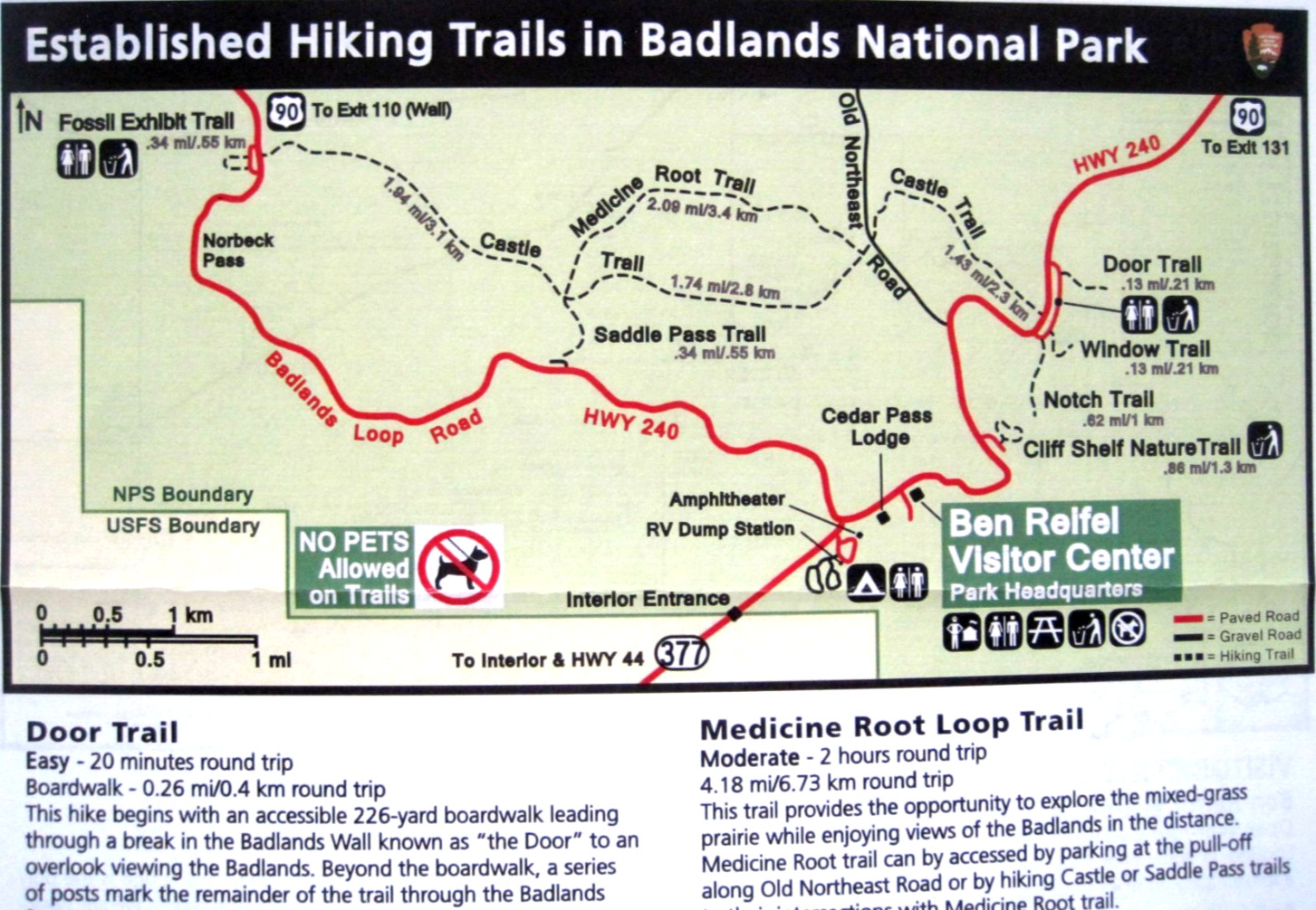 Badlands National Park Hiking Trails National Park Service Unigrid Brochure/Map