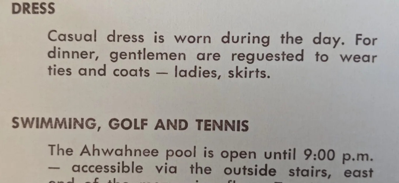 Ahwahnee Hotel Guest Folder Yosemite $48/Night Coat & Tie For Dinner Tea Daily