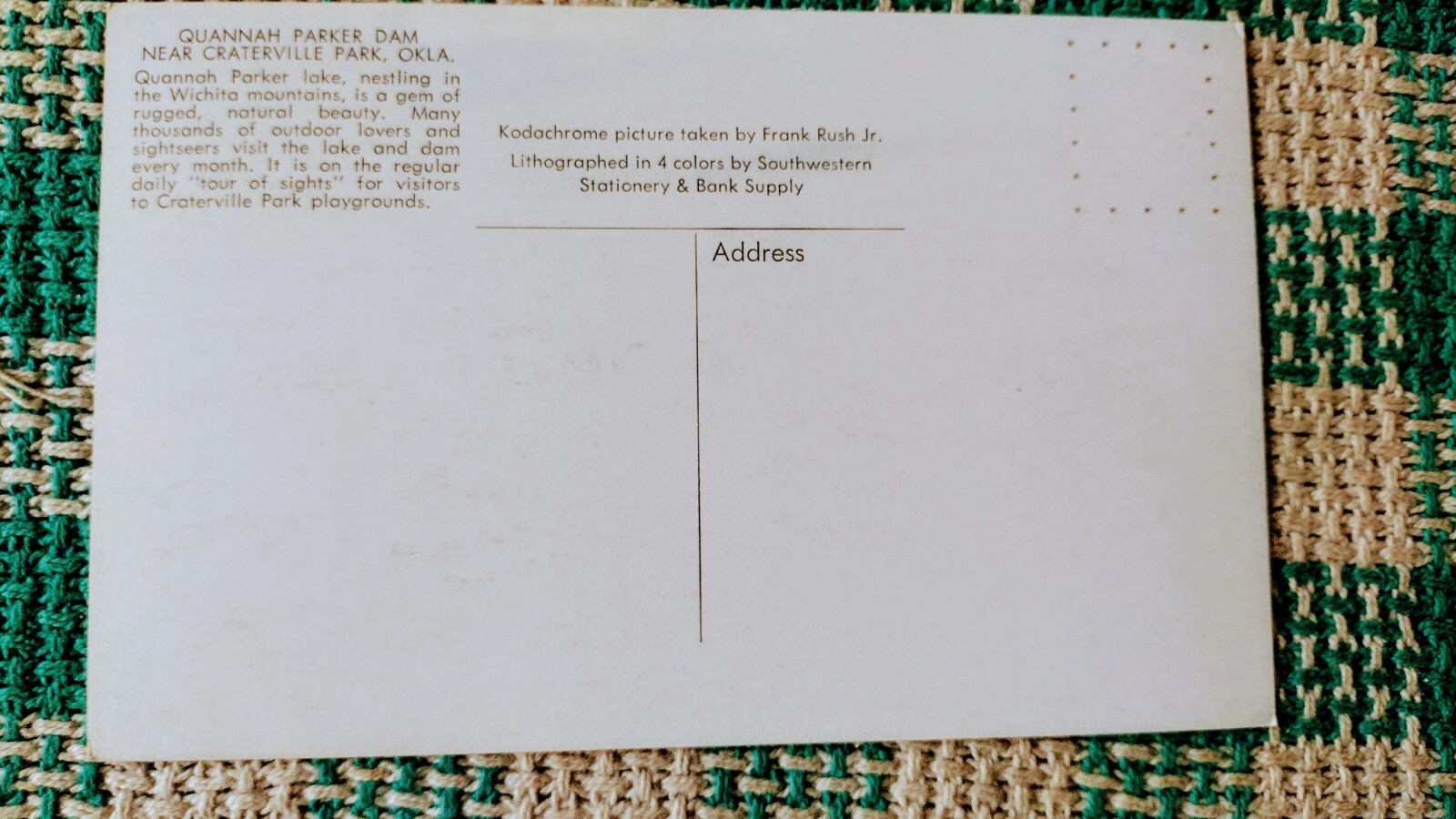 VINTAGE POST CARD QUANNAH PARKER DAM CRATERVILLE PARK OKLA.