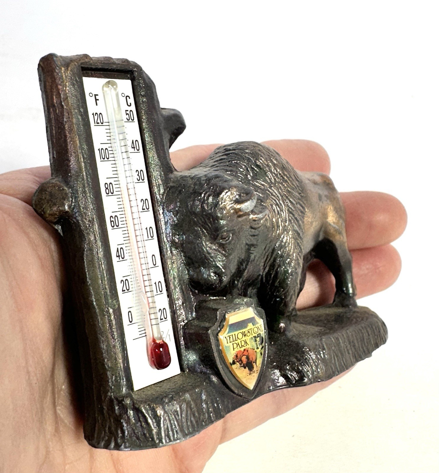 Vintage Yellowstone Park Brass Buffalo Thermometer Travel Souvenir Figurine