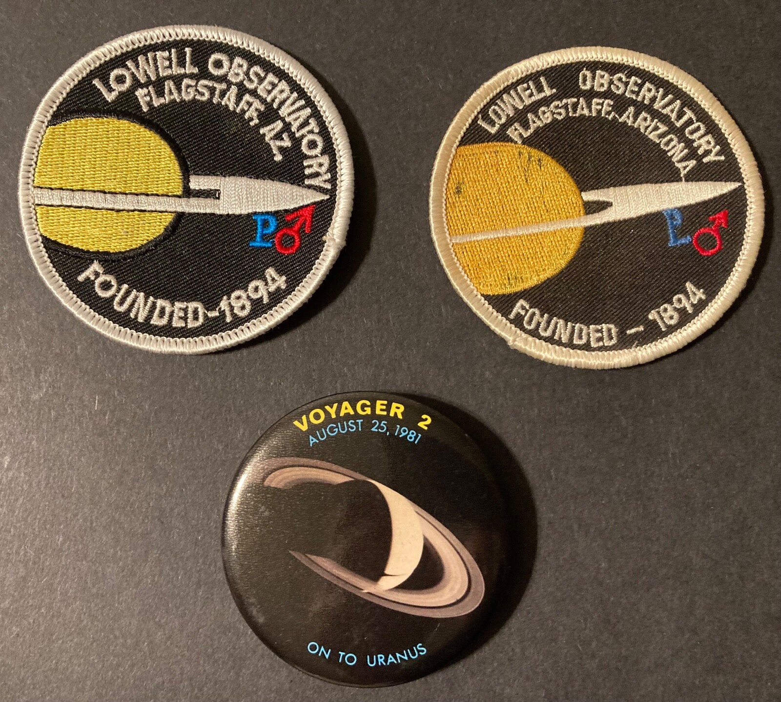 2 LOWELL OBSERVATORY FLAGSTAFF AZ FOUNDED 1894 Sew-On Patches PLUS Voyager 2 Pin