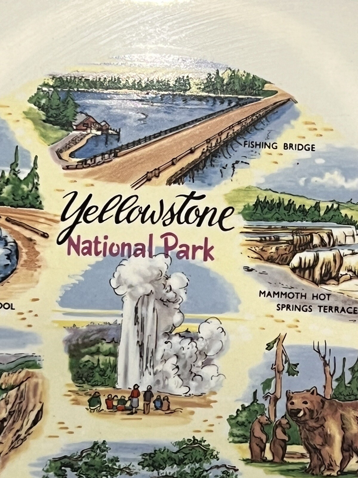 Vintage Yellowstone National Park Souvenir 10 1/4″ Plate Old Faithful Mammoth