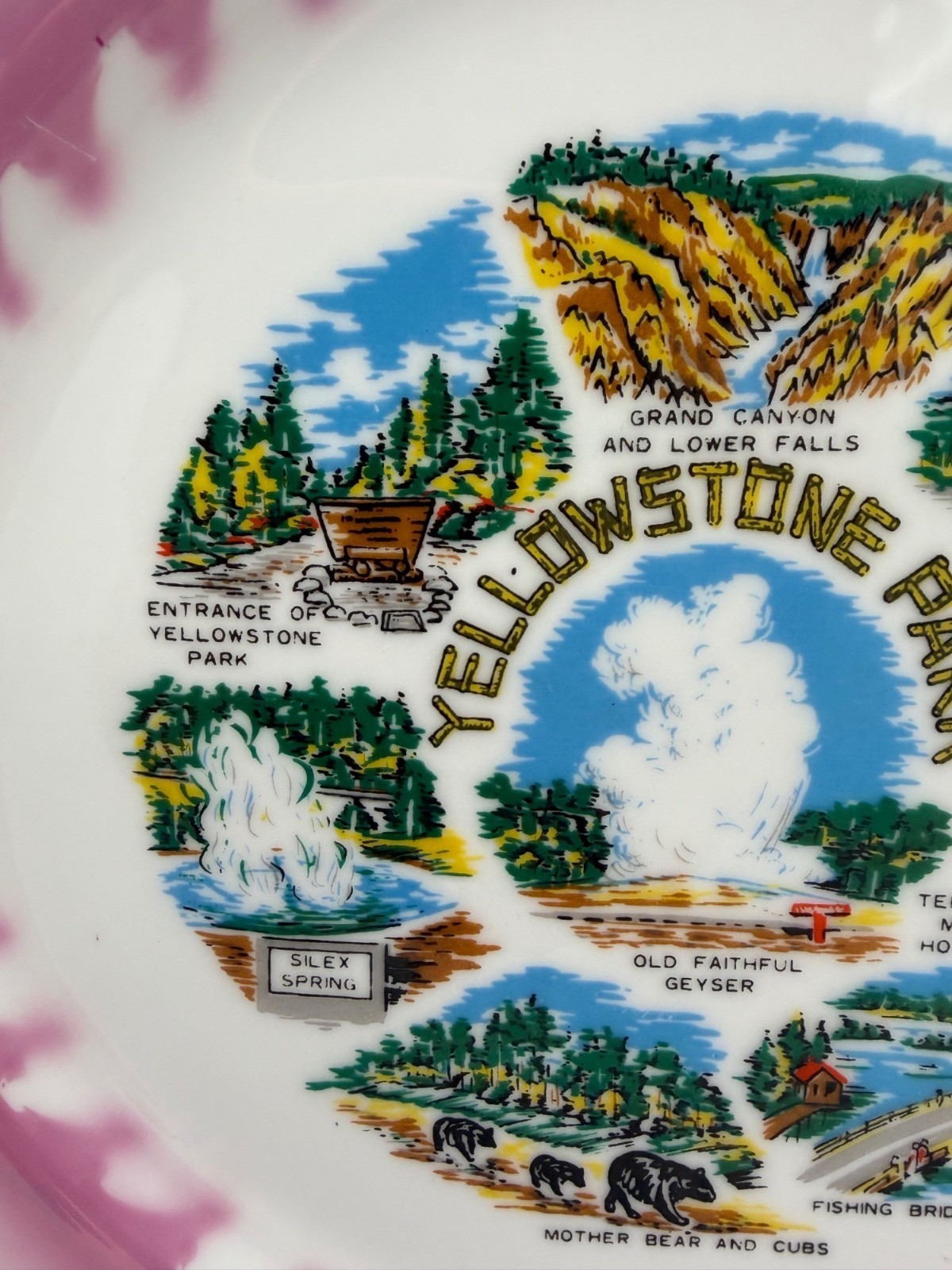 Vintage Yellowstone Park Souvenir Plate Japan Old Faithful Pink Gold Rim 10.25in