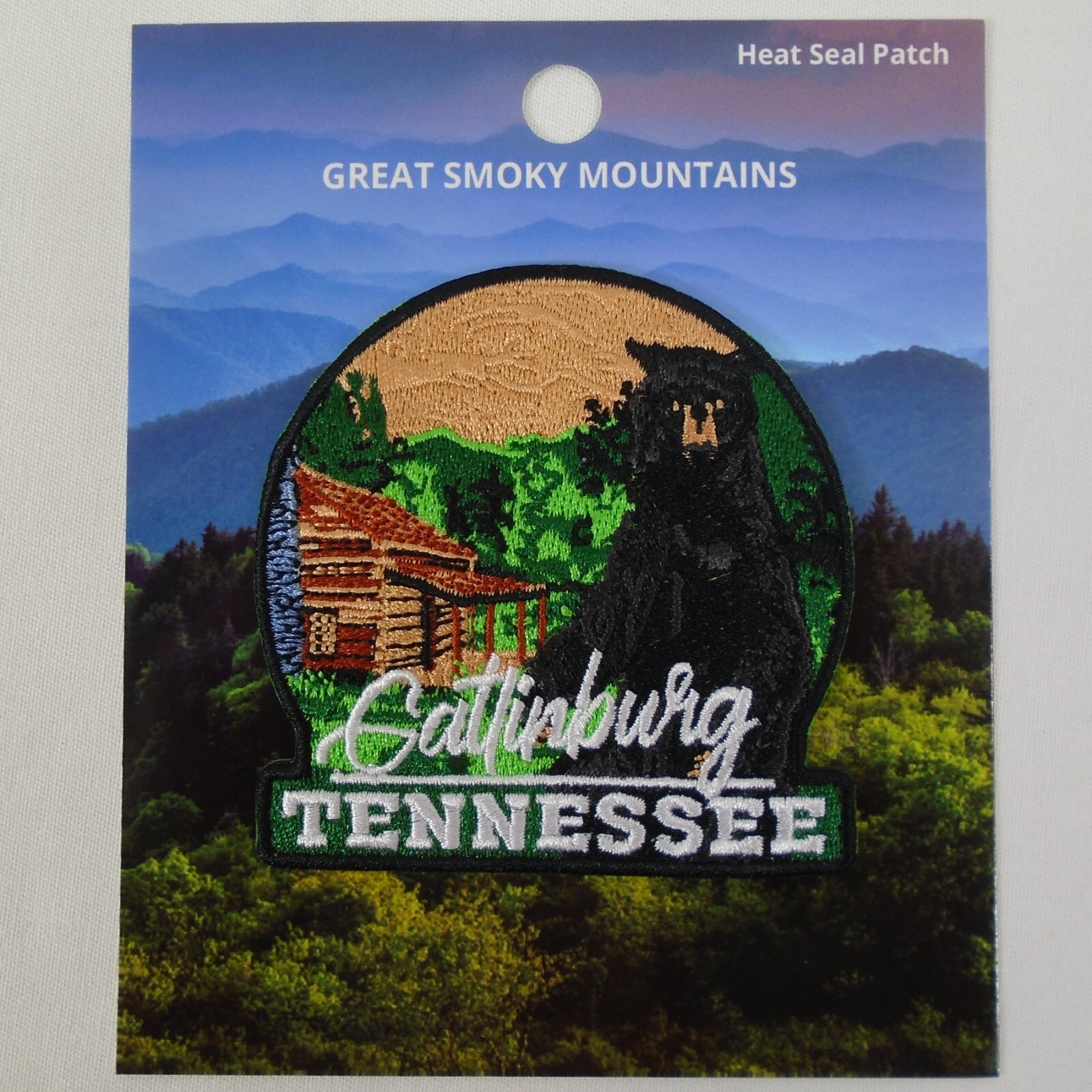 Gatlinburg TN. Log Cabin Black Bear Iron on Patch Great Smoky Mountains
