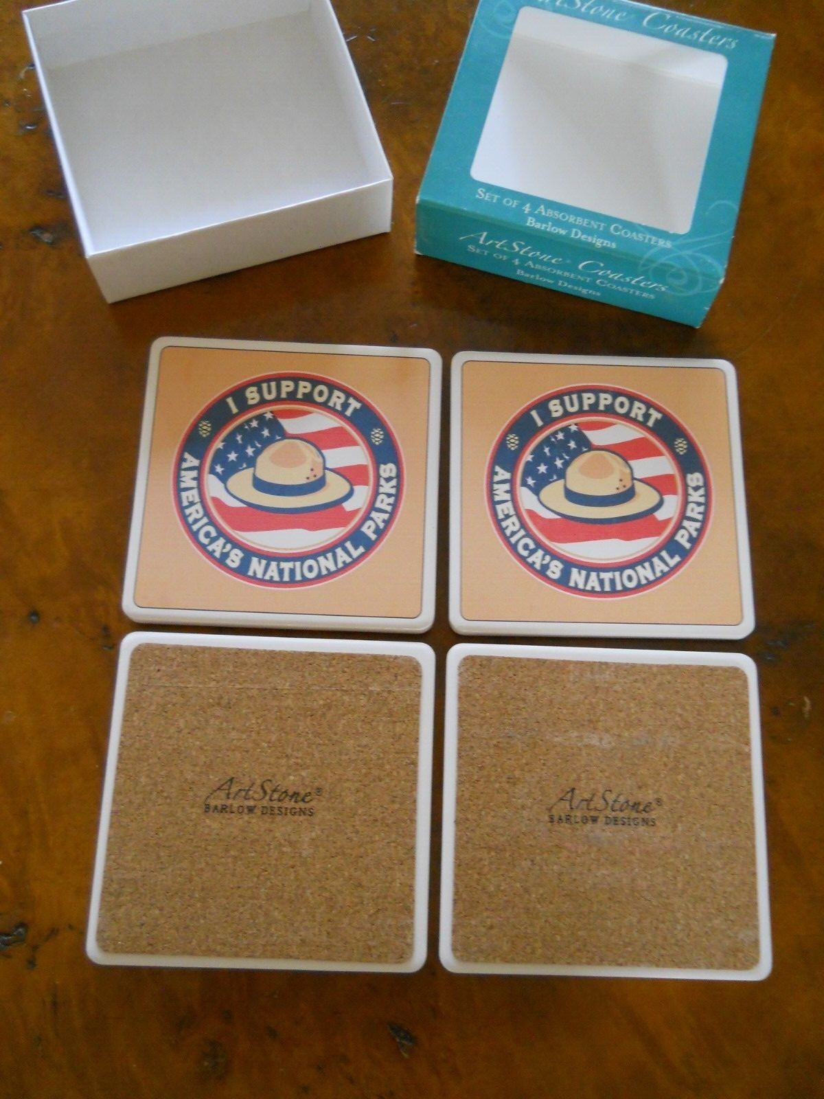 I SUPPORT AMERICA’S NATIONAL PARKS ART-STONE DRINK COASTER SET OF 4 (NEW IN BOX)