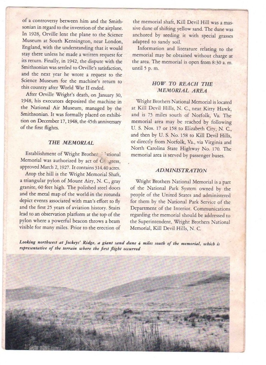 Vtg 1954 Wright Brothers National Memorial North Carolina NPS Brochure Pamphlet