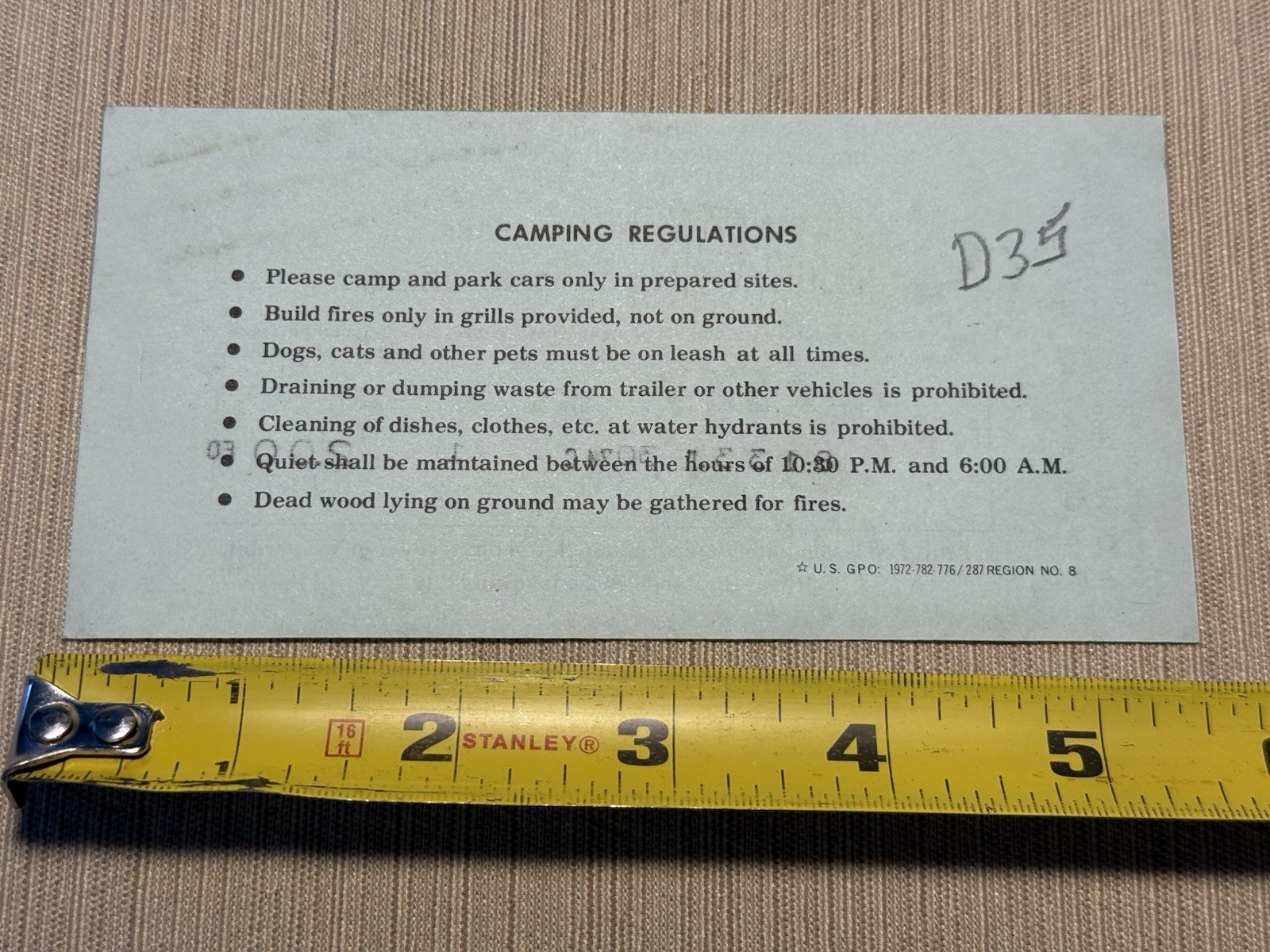 1974 Zion National Park Camping Permit Ticket Stub