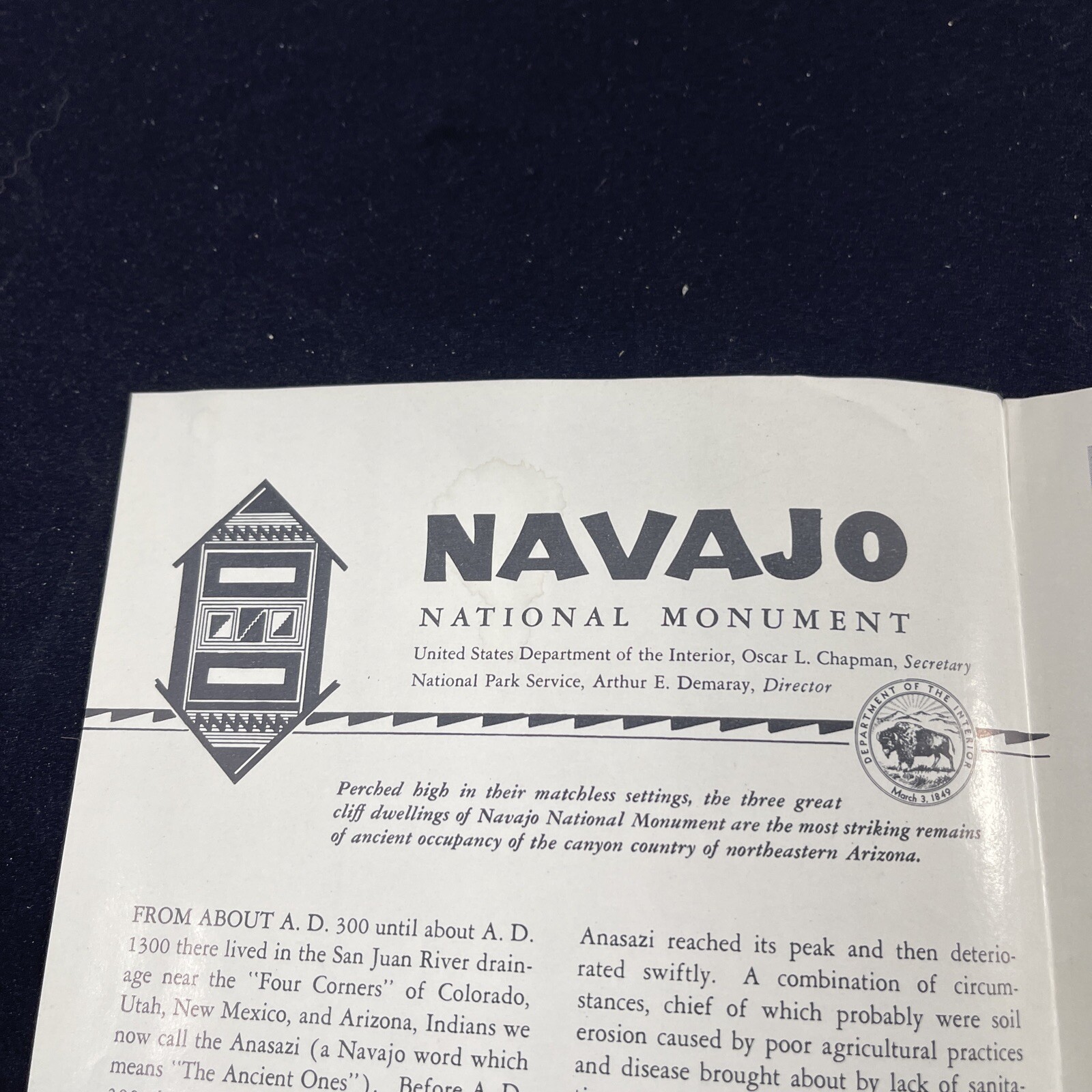 Vintage 1951 Navajo National Monument Brochure Pamphlet Map Guide Info booklet