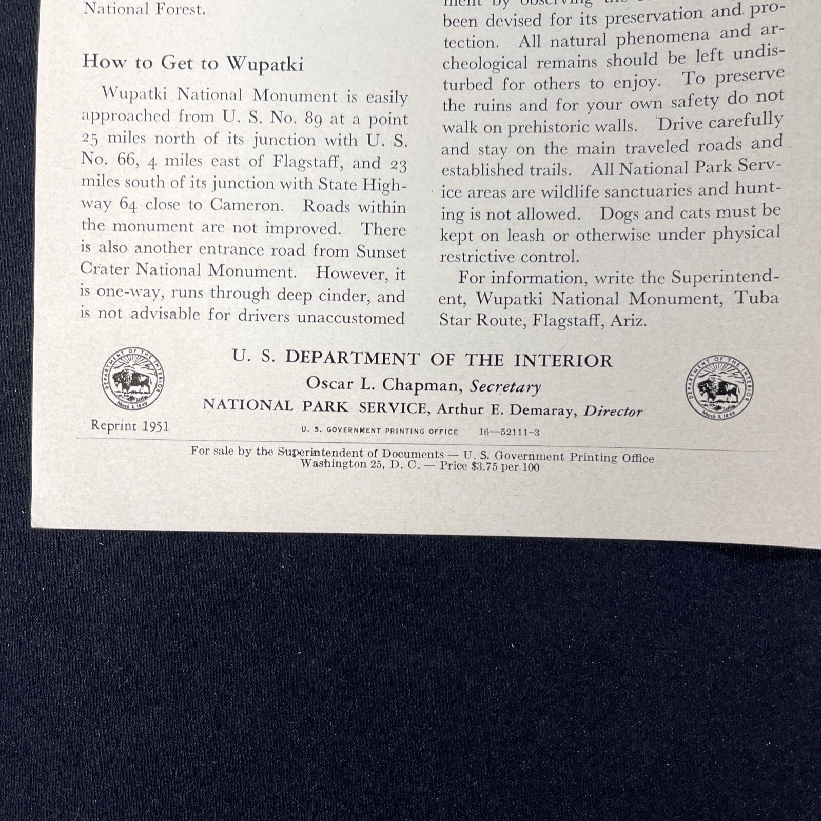 Vintage 1951 Wupatki National Monument Brochure Pamphlet Map Guide Info booklet