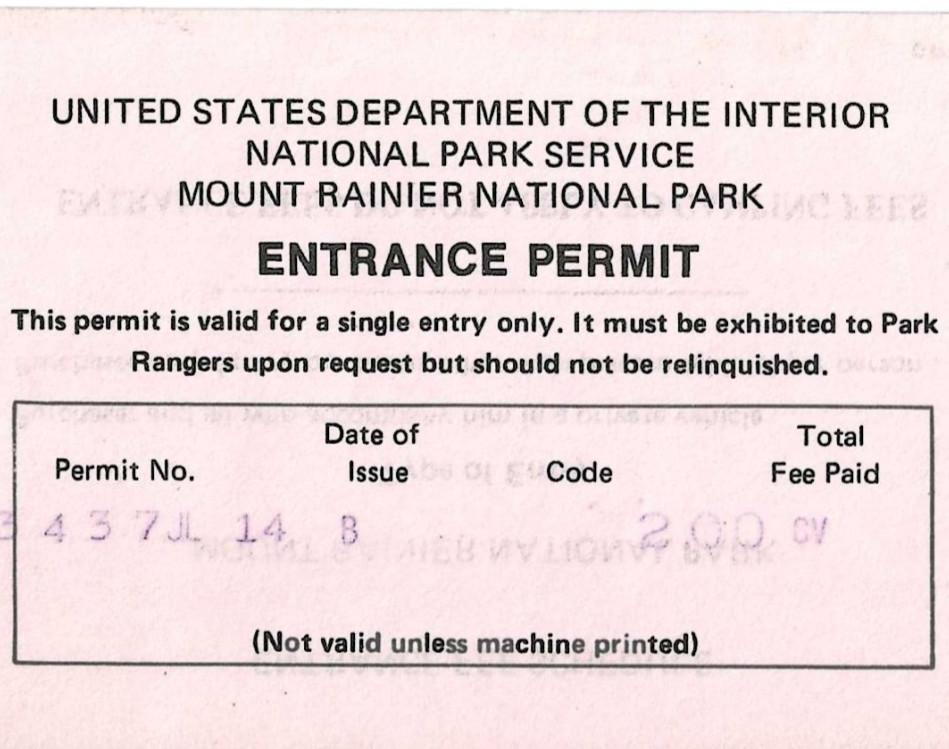 1978 Mount Ranier Entrance Permit National Park US Department of the Interior