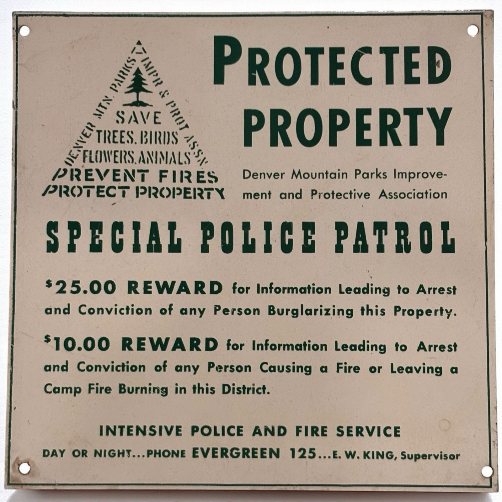 Vintage Denver Mountain Parks Police Patrol Fire Reward Sign Evergreen Colorado