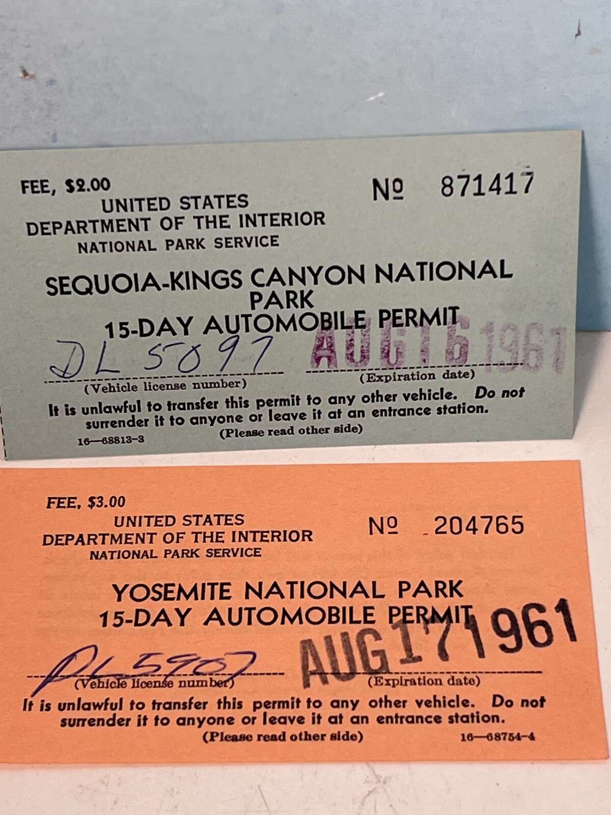 1961 Sequoia Kings Canyon Natl Park parking ticket & Yosemite Natl Park ticket.